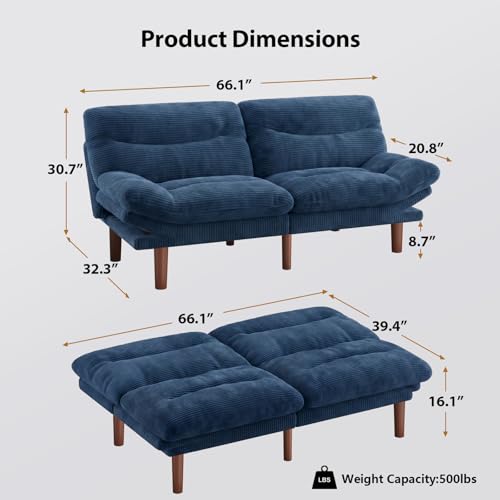 Modern 66-Inch Convertible Corduroy Futon Sofa Bed for Small Spaces