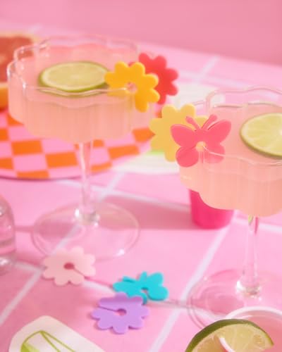 Pastel Butterfly & Flower Drink Markers Set - 16 Reusable Silicone Party Decor