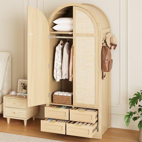 Arched Wood Wardrobe Closet with Rattan Doors and 4 Drawers