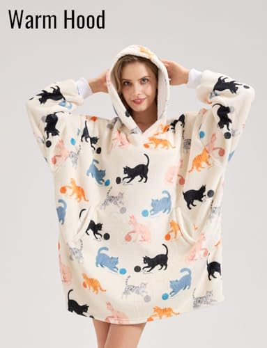 Huglanket Cat Lovers Hoodie Blanket – Cream Yarn Ball S, Oversized Flannel One Size