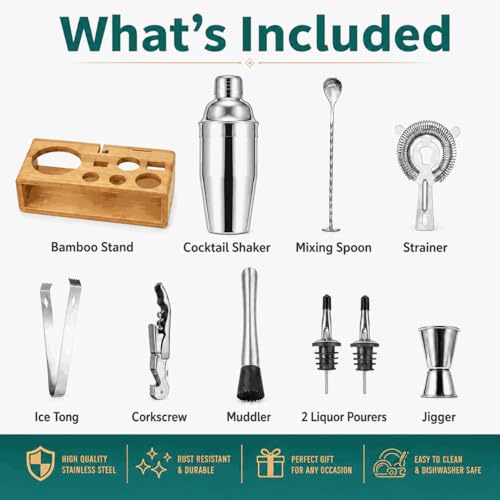 Semderm Silver Cobbler Cocktail Shaker Set - 18/8 Stainless Steel Bartender Kit with Stand