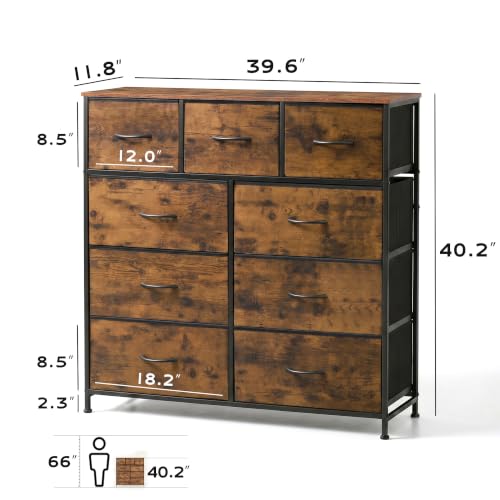 Tall Dresser with 9 Fabric Drawers and Wood Top