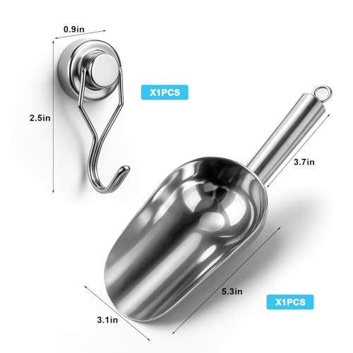 8oz Stainless Steel Ice Scoop with Magnetic Hook for Freezer and Kitchen
