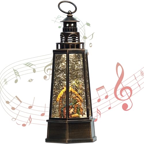 SMOOTHWIND 13.5'' Christmas Nativity Snow Globe Lantern WGL-BLJ - Retro Lighthouse, USB/Battery Powered, Music & Light
