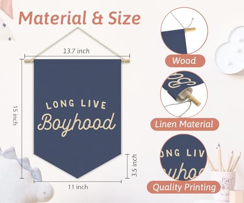 Long Live Boyhood Canvas Wall Banner, Navy Blue Nursery Playroom Decor