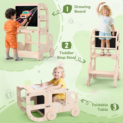 Convertible Toddler Kitchen Step Stool and Table Set with Blackboard