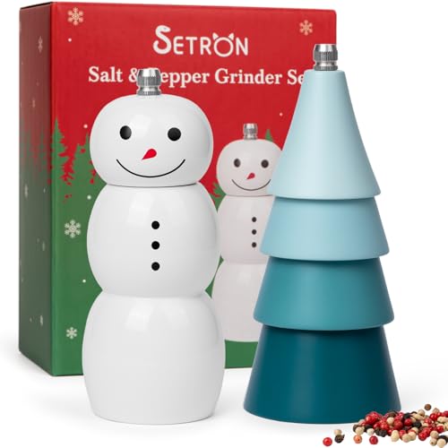 SETRON Christmas Salt & Pepper Grinder Set, Snowman & Tree with Ceramic Core, Refillable Manual Shakers