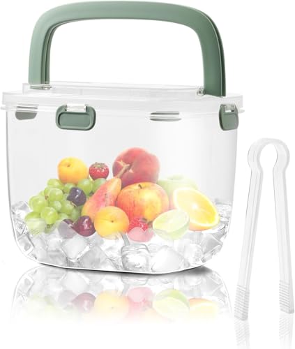 Abizarch Green Hand Ice Bucket 5L with Lid & Tongs - Portable Clear Ice Storage Bin for Freezer, Camping & Parties