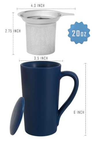 Blue 20 oz Tea Mug with Infuser & Lid - YINUOWEI Ceramic Coffee Cup