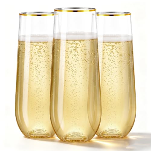 12-Pack Stemless Plastic Champagne Flutes, 9 oz Gold Rim Disposable Cups