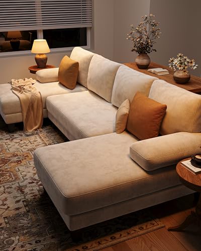112-Inch U-Shaped Sectional Sofa with Double Chaise, Warm White Chenille