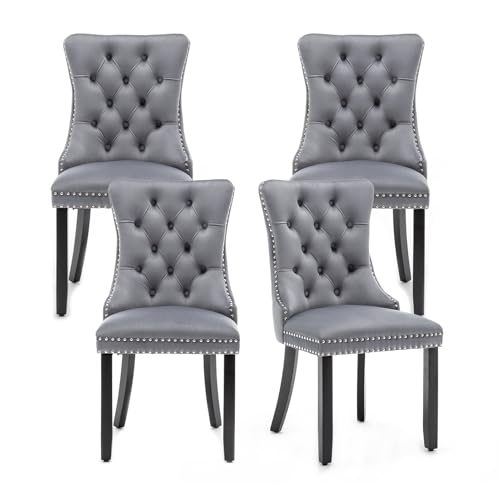 Velvet Upholstered Dining Chairs with Button Back, Set of 4, Grey
