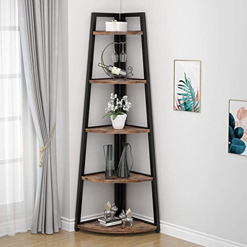 5-Tier Tall Corner Bookshelf, Industrial Rustic Corner Storage Shelf