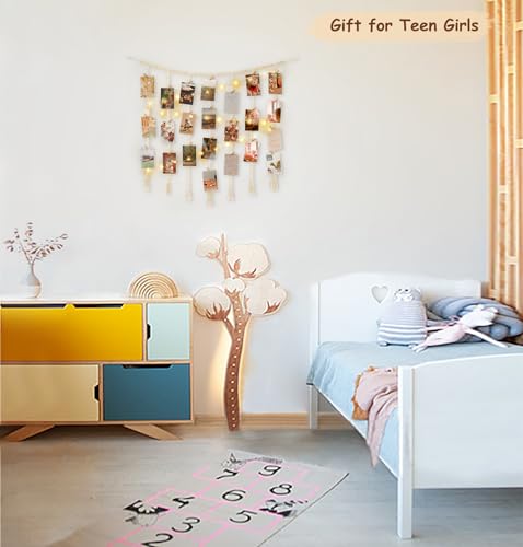 Macrame Hanging Photo Display with LED String Lights and 45 Clips