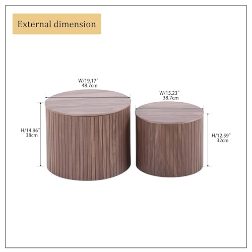 Round Nesting Coffee Table Set with Hidden Storage, Fluted Wood Accent Tables