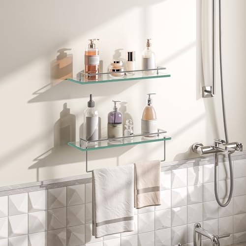 Set of 2 Floating Glass Bathroom Shelves with Towel Rod, 15.7-Inch