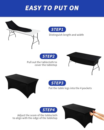 2 Pack 6ft Rectangular Spandex Fitted Tablecloth, Black Stretch Table Cover