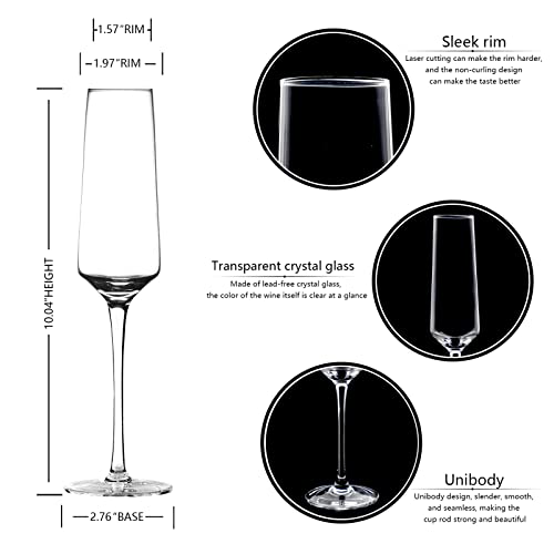 Hand-Blown Crystal Champagne Flutes - Elegant 7.5 oz Glasses, Set of 6