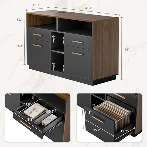 4-Drawer Wood File Cabinet with Power Outlet and Adjustable Storage