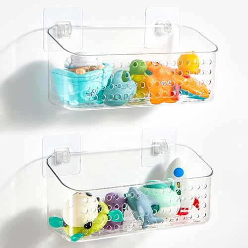 Clear Bath Toy Storage Organizer 2 Pack - No-Drill Adhesive Shower Caddy