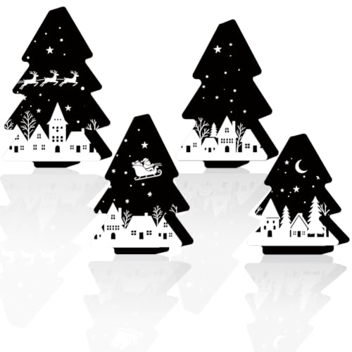 PRESSINART 4Pcs Wooden Christmas Tree Ornaments Set – 4 Sizes, Black & White