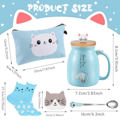 Uiifan Blue Ceramic Cat Mug with Lid & Paw Spoon - Gift Set for Women & Mom