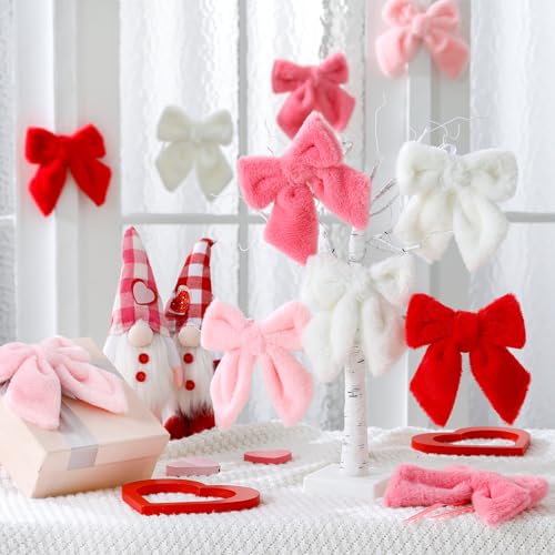 XunYee 12 Pcs Multicolor Velvet Christmas Bows 6.4" Plush Ornaments