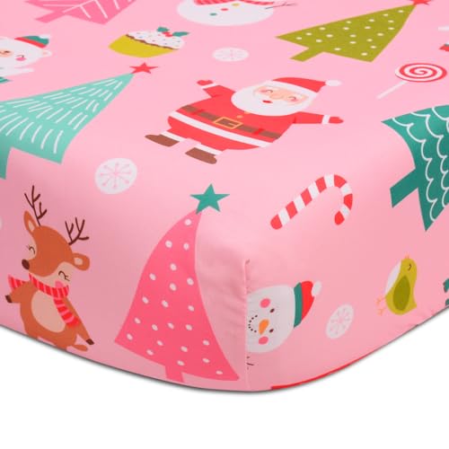Cloele Pink Santa Snowman Christmas Crib Sheet 52x28in - Fitted Crib Mattress