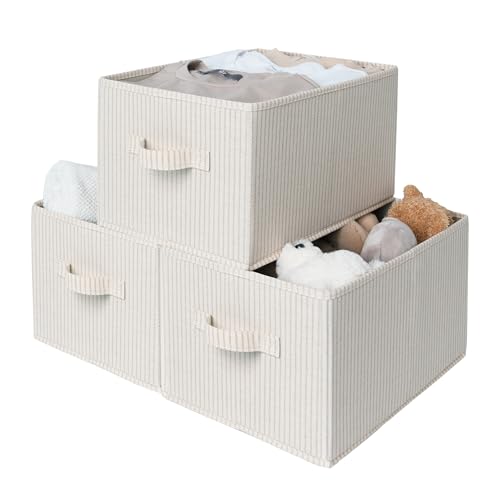 Foldable Fabric Shelf Storage Bins Beige Stripes 3-Pack Large Closet Baskets