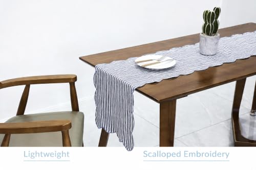 AORISSI 14x48 Linen Table Runner with Scalloped Embroidery, Blue Stripe Edges