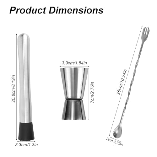 Stainless Steel Cocktail Bar Tool Set with Muddler, Spoon & Jigger