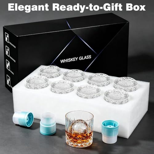 QUMMFA Whiskey Glass Set with Ice Ball Molds - 16 pcs, 11 oz Old Fashioned Glasses for Bourbon & Scotch, Gift Box