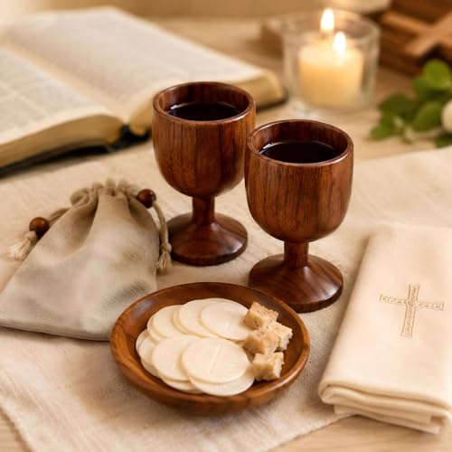 Wooden Communion Wedding Set with 2 Chalice Goblets, Wafer Tray & Linen Bag