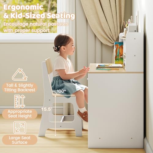 Kids Wooden Desk and Chair Set with Hutch and Storage for Studying