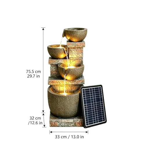 Solar Garden Water Fountain 4-Tier Resin Outdoor Waterfall with LED Lights