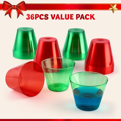 JOYIN 36 pcs Clear 9 oz Disposable Plastic Cups, Red & Green Xmas Party Glasses (Variation 36)