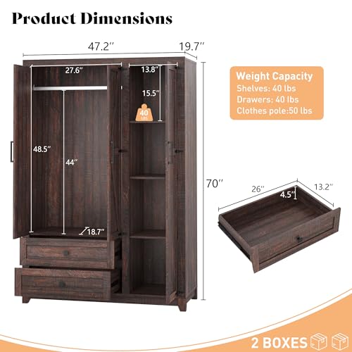 3-Door Farmhouse Wardrobe Closet with Drawers and Hanging Rod