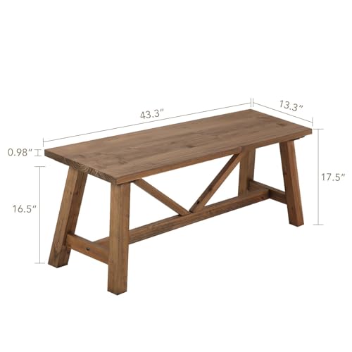 43-Inch Solid Wood Farmhouse Bench, Rustic Narrow Entryway Seat