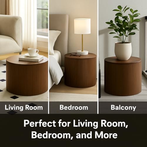 Round Nesting Coffee Table Set with Hidden Storage, Fluted Wood Accent Tables