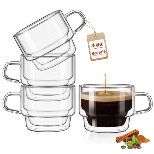Glastal 4oz Double Wall Glass Espresso Cups Set of 4 - Stackable Borosilicate Coffee Mugs