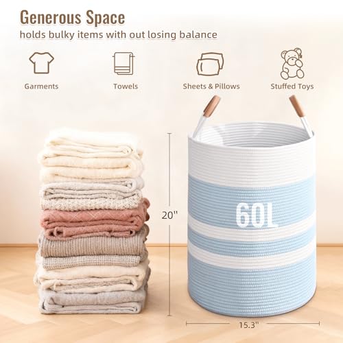 Large 60L Woven Cotton Rope Laundry Hamper with Sturdy Leather Handles