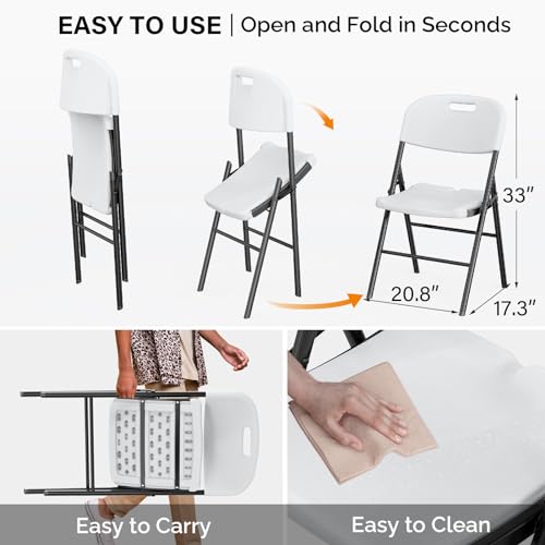 Heavy Duty Folding Chairs - Portable HDPE Steel Chairs, 4 Pack - White
