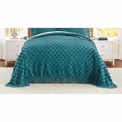 Teal Chenille Dot Bedspread with Knotted Fringe – Full Size