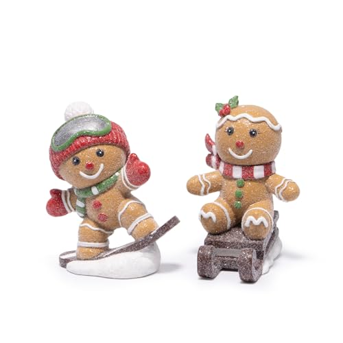 Hodao Christmas Gingerbread Ski & Sled Figurines Set - Indoor Holiday Decor, 2 Pieces