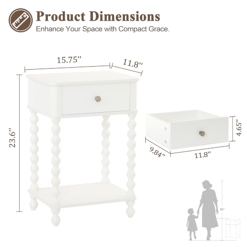 Small White Nightstand with Drawer & Spindle Wood Legs - Farmhouse End Table