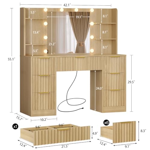 Fluted Vanity Desk with Mirror, LED Lights, Power Outlet & 7 Drawers