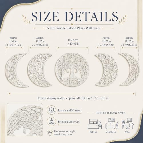 5-Piece Moon Phase Wall Art Set, 3D Hollow Carved Wooden Botanical Decor