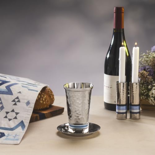 Hammered Nickel Kiddush Cup with Saucer and Blue Decorative Rings
