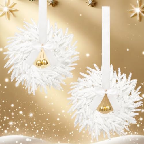 2 Pack White Christmas Wreaths for Cabinets - Mini Holiday Decor