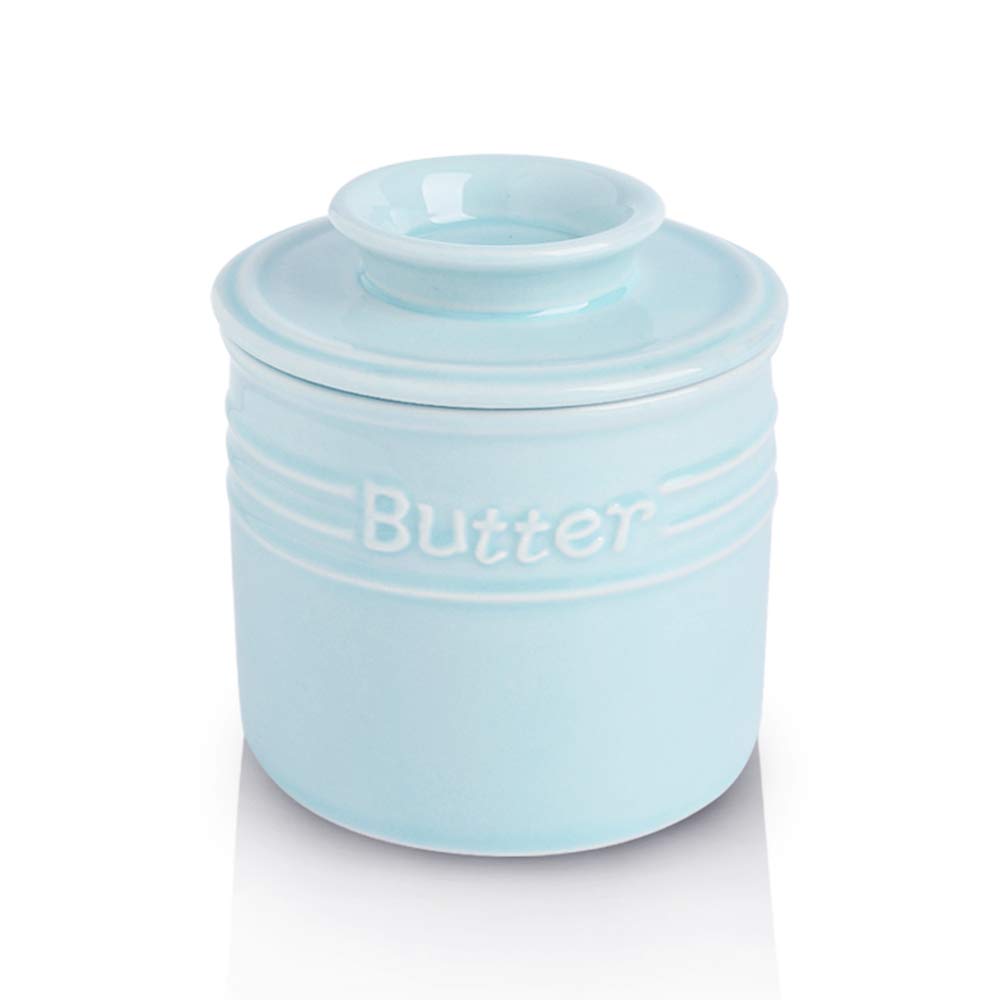KOOV Ceramic Butter Crock, French Butter Dish, Butter Keeper for Counter, Big Capacity, Elegant Blue Collection (Light Blue)